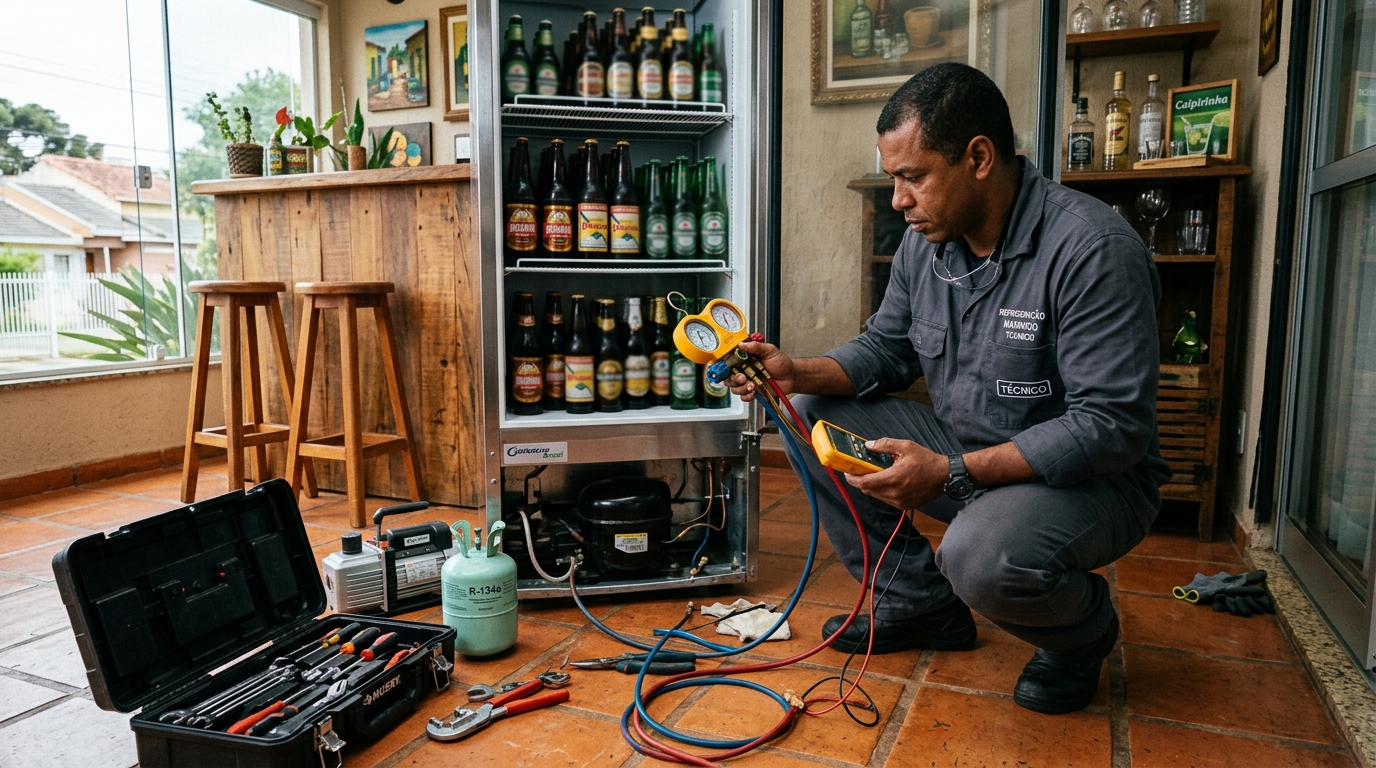 Técnico realizando manutenção de motor de cervejeira no Amazonas, Montes Claros‑MG