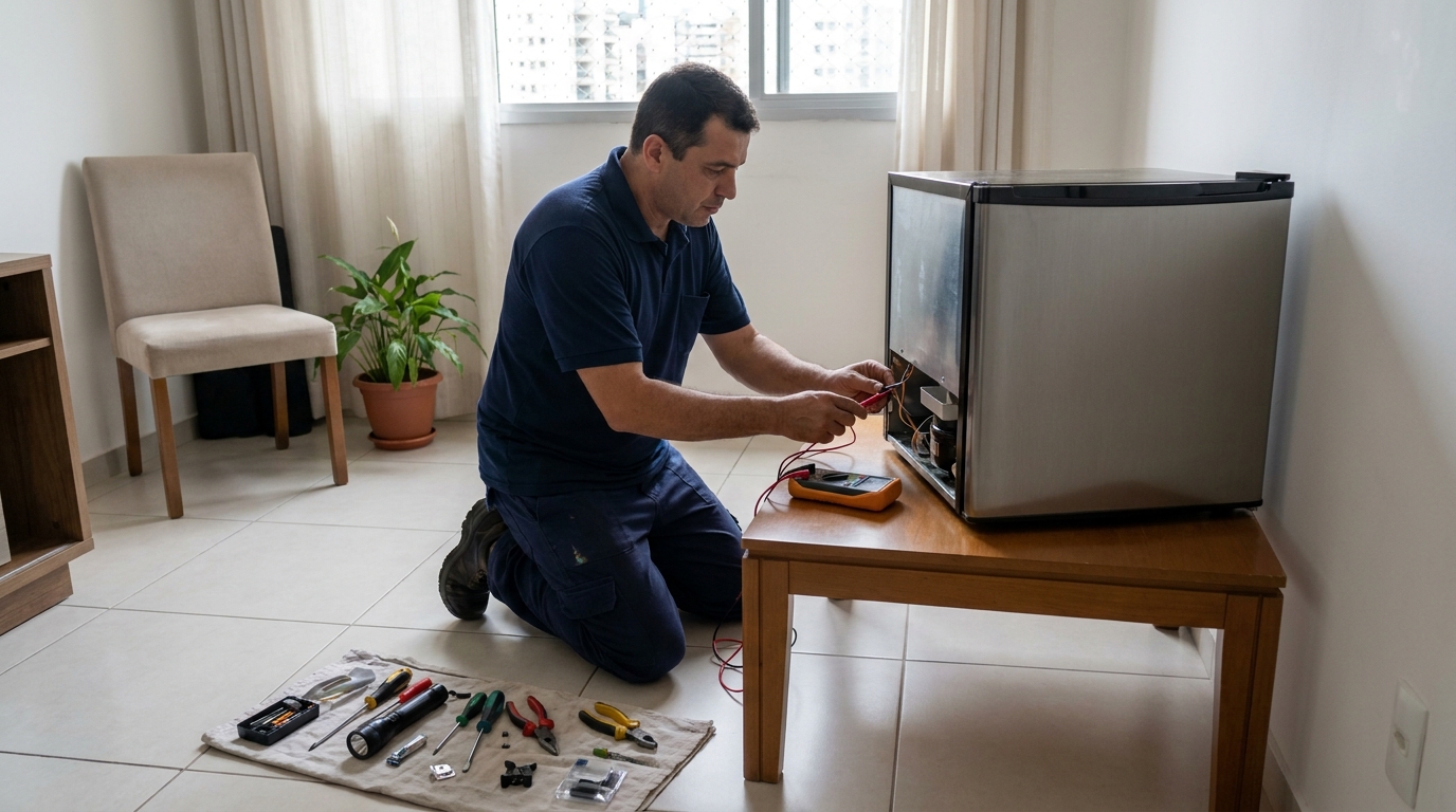 Técnico realizando manutenção de motor de frigobar na Vila Sumaré, Montes Claros‑MG
