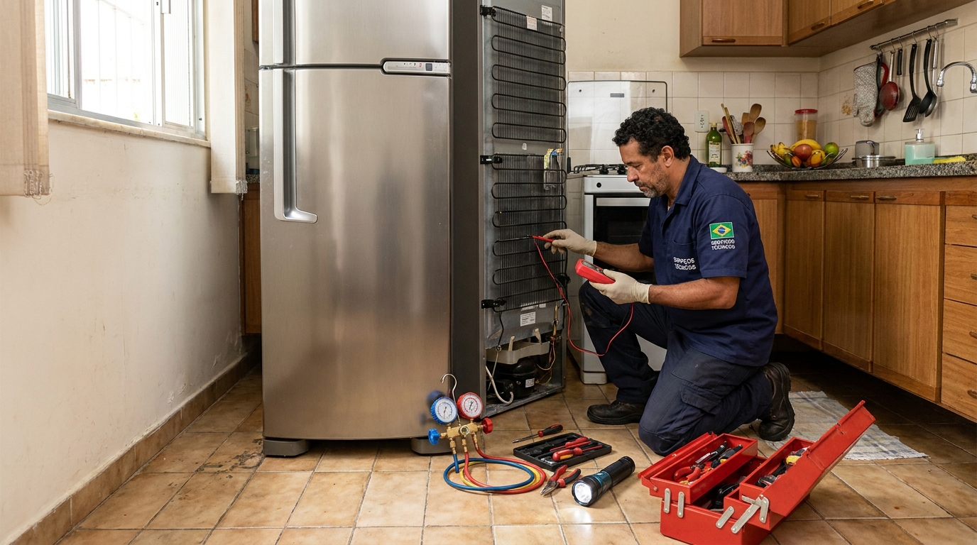Técnico realizando manutenção de motor de geladeira no Guarujá, Montes Claros‑MG