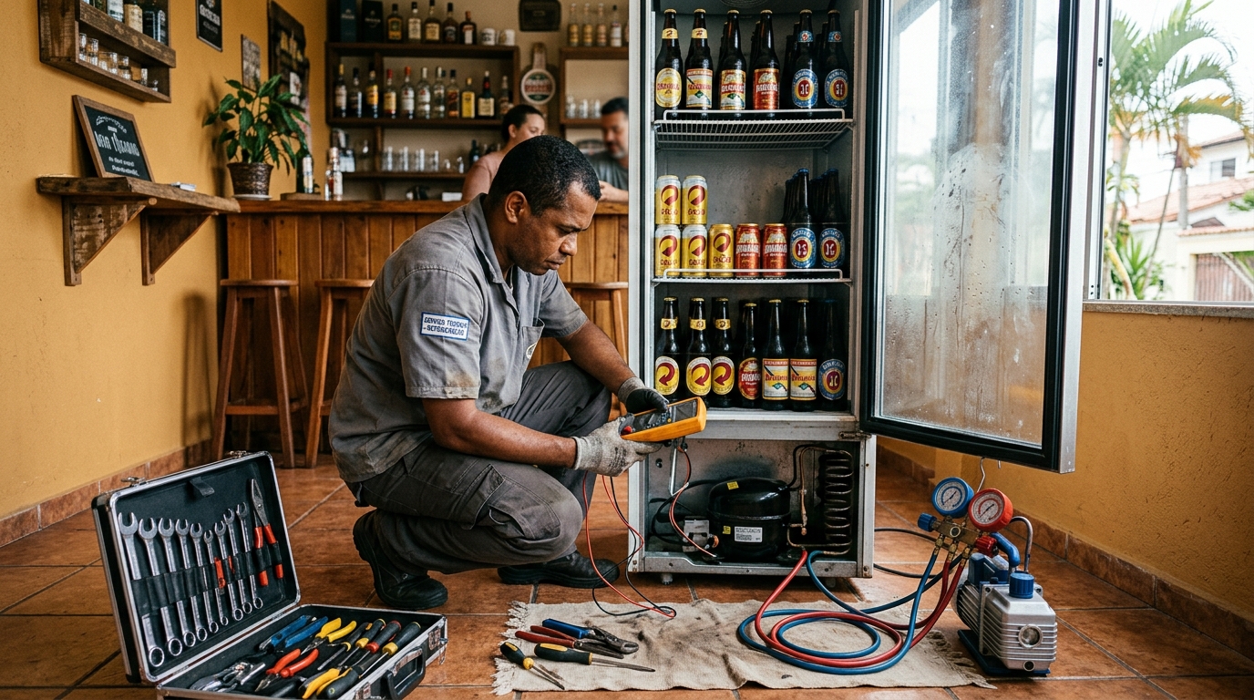 Troca de termostato de cervejeira em atendimento técnico no Amazonas, Montes Claros‑MG