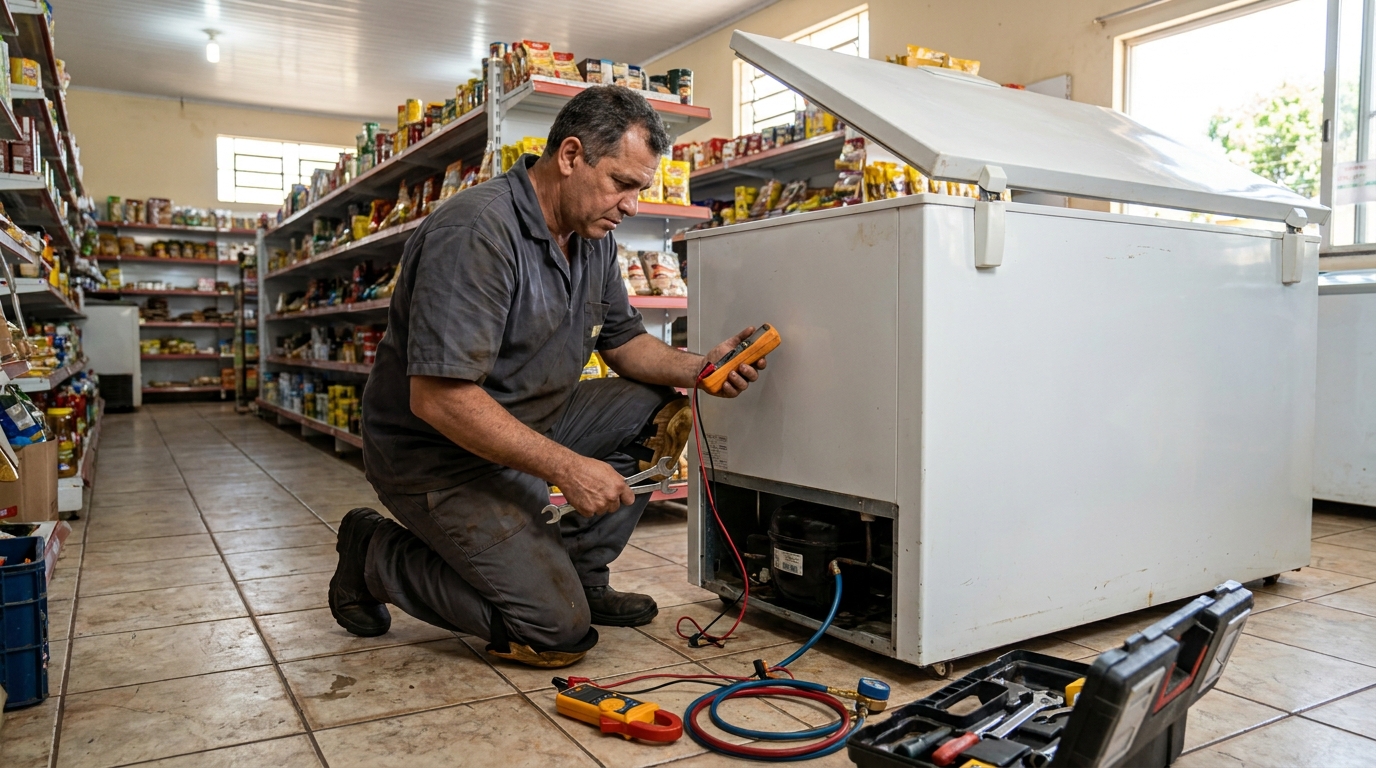 Troca de termostato de freezer em atendimento técnico no Amazonas, Montes Claros‑MG